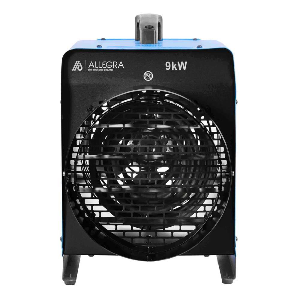 Schwarzer tragbarer elektrischer Heizer Allegra 9kW mit großem frontalem Ventilator und Griff an der Oberseite, dargestellt vor einem schlichten weißen Hintergrund.
