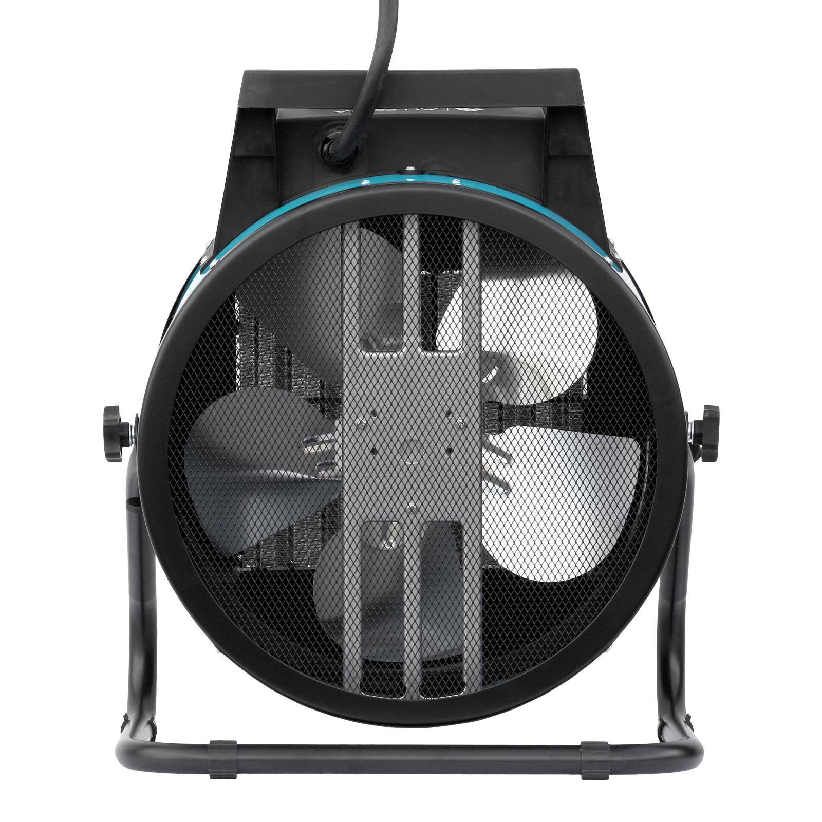 Ein schwarzer Industrialventilator mit Metallflügeln, die von einem Maschendrahtgitter umschlossen sind, auf einem schwarzen Gestell mit Griff, von vorne betrachtet.
