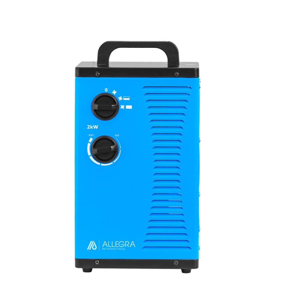 Blauer tragbarer 2-kW-Elektroheizer mit Tragegriff und zwei Bediendrehreglern auf der Vorderseite.