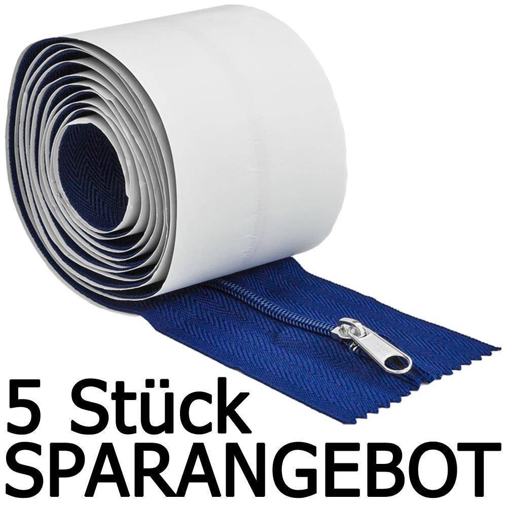 Blaue Reißverschlussrolle mit weißem Streifen; Text besagt „5 Stück SPARANGEBOT