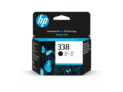 Die Abbildung zeigt eine HP-Tintenpatronen-Schachtel mit der Bezeichnung '338 Schwarz', auf der blaue Schmetterlinge vor dunklem Hintergrund zu sehen sind und ein Download-Hinweis für die HP Smart App angebracht ist.