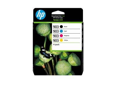 HP Tintenpatronen-Pack für Drucker, gekennzeichnet als '903 Schwarz, Cyan, Magenta, Gelb', mit einem Schmetterlingsbild auf Samenkapseln.