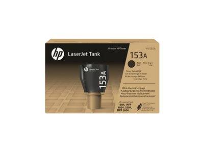 Verpackung des 'HP LaserJet Tank 153A' Tonerkartuschenkartens mit Produktdetails, kompatiblen Druckermodellen und Branding auf einem braunen Karton.