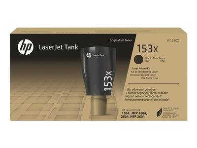 LaserJet Tank Tonerbox mit '153x' in großer Schrift. Enthält Informationen zur Seitenkosten und Druckerkompatibilität mit den Modellen 1504, 1604, 2504 und 2604.
