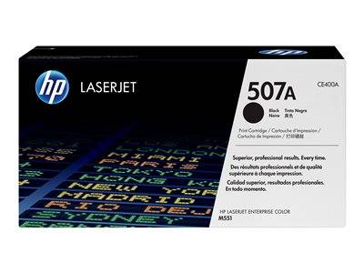 Karton für HP LaserJet 507A schwarze Tonerpatrone mit Hervorhebung ihrer professionellen Qualität und Kompatibilität mit verschiedenen Druckern.