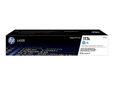 HP Laser 117A Original Toner-Patrone mit Städten wie ‚Hongkong' und ‚New York' auf einem dunklen Hintergrund.