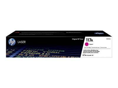 HP 117A Magenta Laser Tonerpatrone mit sichtbaren Produktdetails auf der Verpackung. Entwickelt für spezifische HP-Druckermodelle.