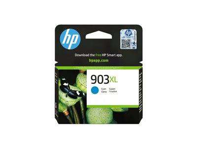 Tintenpatrone für HP 903XL Cyan. Verpackung zeigt einen Schmetterling auf grünen Knospen. Bewirbt die HP Smart App oben mit einem Websitelink.
