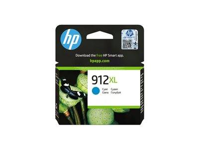 HP 912XL Cyan Tintenpatrone' in einer Verpackung mit einem blauen Kreis, der die Tintenfarbe zeigt. Anleitung zum Herunterladen der HP Smart App darüber.