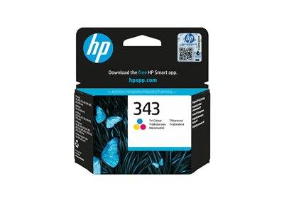 HP Tintenpatrone, Modell 343, Dreifarbig. Mit Schmetterlings-Bildmotiv auf der Vorderseite. Oben steht: 'Laden Sie die kostenlose HP Smart App herunter.