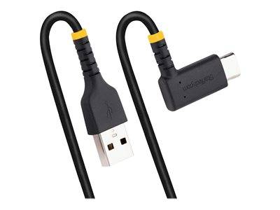 L-förmiges Micro-USB-Kabel mit schwarzen und gelben Akzenten, das einen USB-A-Stecker auf der einen und einen Micro-USB-Stecker auf der anderen Seite zeigt.