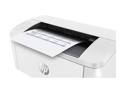 Ein weißer HP-Drucker, der ein Dokument druckt, wobei ein Teil der Seite mit Text und Tabellen aus der Oberseite herausragt.