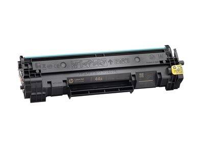 Eine schwarze Tonerkartusche mit der Bezeichnung '44A', die für einen Laserdrucker geeignet ist und auf der rechten Seite Symbole und einen gelben Sicherheitsaufkleber trägt.