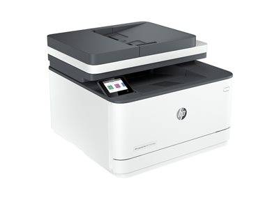 Ein kompakter Multifunktionsdrucker in Weiß und Grau mit Touchscreen-Display und HP-Logo.