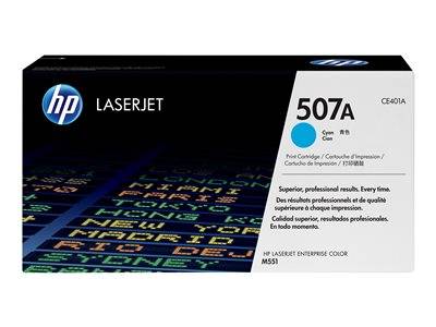 HP LaserJet 507A Cyan Druckerpatrone, mit Text in mehreren Sprachen und dem HP-Logo. Geeignet für HP-Drucker M551.