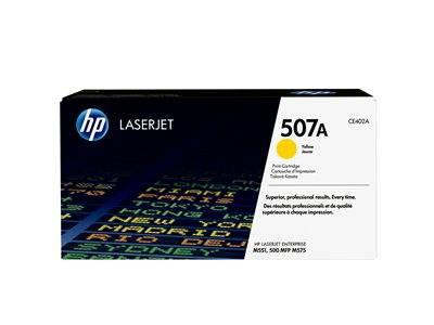 Druckertonerkassette in schwarzer Box mit Aufschrift 'HP LaserJet 507A Yellow' für HP LaserJet Enterprise Modelle M551, 500 MFP M575.