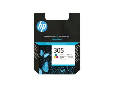 HP Tintenpatrone für Modell 305, mit drei Schmetterlingen und dem Text: 'Laden Sie die kostenlose HP Smart App herunter. hpapp.com'.
