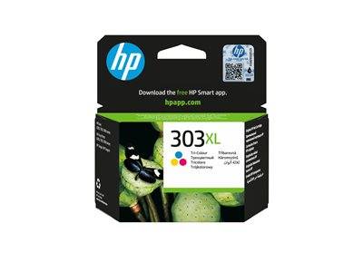 Verpackung für HP 303XL Tintenpatrone mit HP Logo. Zeigt Farben: Cyan, Magenta, Gelb. Anweisungen zum Herunterladen der HP Smart App.