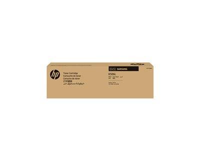 HP Tonerpatrone K506L' Karton in brauner Verpackung mit englischem und arabischem Text. Enthält Produktdetails und Branding.