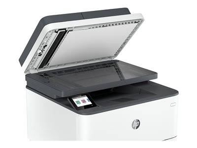 Ein Multifunktionsdrucker mit offener Scannerabdeckung und einem Touchscreen-Display, das vier Symbole für verschiedene Operationen anzeigt.