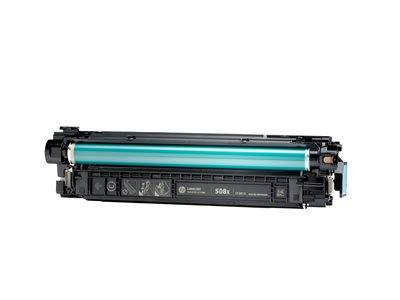 Eine Cyan-Tonerkassette für einen Laserdrucker mit einem zylindrischen Trommel. Modell 508X, entwickelt für hochvolumigen Druck.