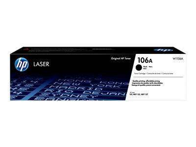 Eine rechteckige Verpackung für 'Original HP Toner 106A', für Laserdrucker, mit dem Text 'Schwarz' und Produktinformationen in mehreren Sprachen.