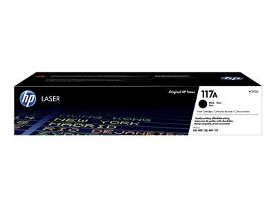 HP 117A schwarze Original-Lasertoner-Kartusche mit Verpackungstext zur Kompatibilität: W2070A. Die Verpackung zeigt ein Design mit bunten Stadtnamen.