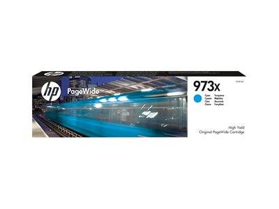 HP PageWide 973X, Cyan-Tintenpatrone mit hoher Ergiebigkeit, Verpackung mit einem unscharfen Bild eines Zuges, der Geschwindigkeit und Effizienz unterstreicht.