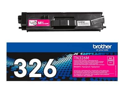 Die Verpackung der 'Brother TN-326M' Magenta-Tonerkassette zeigt ein Produktbild und technische Spezifikationen. Design in Blau und Schwarz mit einer fetten '326'.