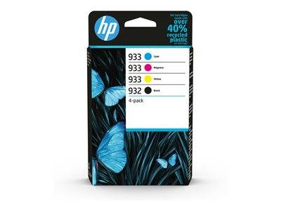 HP Tintenpatronenpack mit '933' in Cyan, Magenta, Gelb, Schwarz. Die Verpackung zeigt ein blaues Schmetterlingsdesign und trägt den Hinweis 'über 40% recyceltes Plastik'.