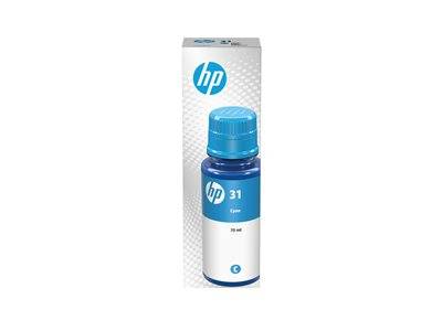Eine blaue HP Tintenflasche mit der Beschriftung '31, Cyan, 70 ml', zusammen mit einer passenden Schachtel, die das HP-Logo zeigt.