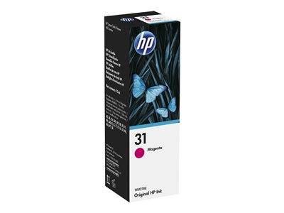Original HP Tintenpatrone Karton für Nummer 31, Magenta-Farbe, mit blauen Schmetterlingen auf schwarzem Hintergrund.