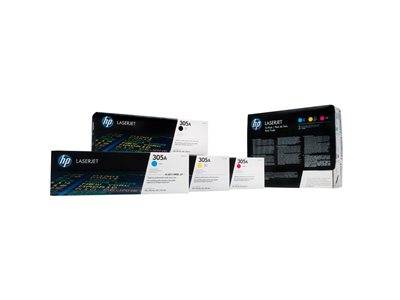 HP Toner-Kartuschen-Boxen, gekennzeichnet mit '305A', für LaserJet-Drucker. Set enthält mehrere Farben: Cyan, Gelb, Magenta und Schwarz.