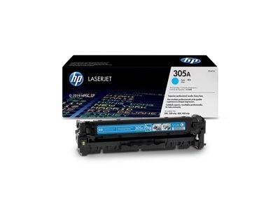 HP LaserJet 305A Cyan-Tonerkassette, gezeigt mit Verpackung, für leuchtende, professionelle Farbdrucke.