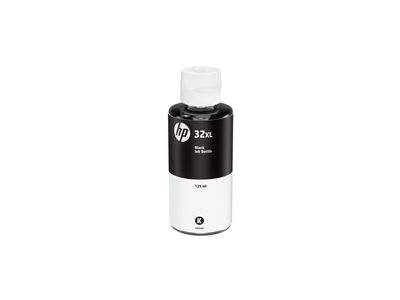 Eine Flasche HP 32XL schwarze Tinte, 135 ml, mit schwarzweißem Etikett.