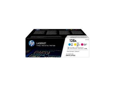 Eine Schachtel mit HP LaserJet 128A Tonerpatronen, die separate Patronen in den Farben Cyan, Magenta und Gelb enthält.