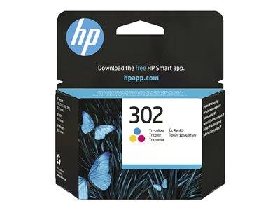 HP 302 Tri-Color-Tintenpatrone mit Verpackungsdesign mit blauen Schmetterlingen. Enthält einen Link zum Herunterladen der HP Smart App.