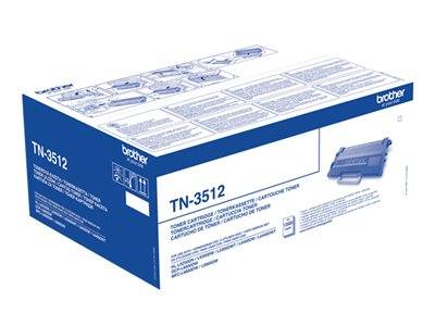 Eine blaue und weiße Box mit der Aufschrift 'Brother TN-3512' enthält eine Tonerkartusche für Drucker. Die Verpackung zeigt Produktinformationen und Abbildungen.