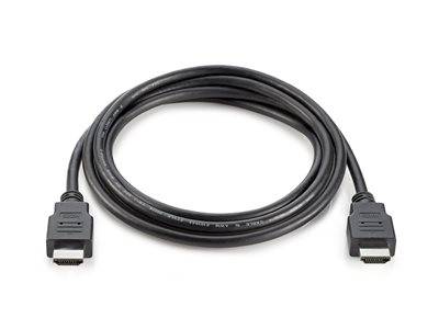 Ein schwarzes HDMI-Kabel, das zu einem Kreis gewickelt ist, mit sichtbaren Anschlüssen an beiden Enden, das zur Übertragung von Audio- und Videosignalen zwischen Geräten verwendet wird.