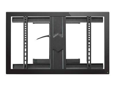 Eine flache schwarze TV-Wandhalterung mit Befestigungsvorrichtung für eine sichere Wandmontage, mit mehreren Schlitzen und Halterungen zur Verstellung.