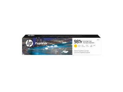 HP PageWide 981Y Extra High Yield gelbe Tintenpatrone, Produktverpackung mit Marken- und Modellnummer.