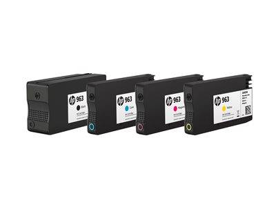 Vier HP-Tintenpatronen in den Farben Schwarz, Cyan, Magenta und Gelb, mit der Bezeichnung 'HP 963', in einer Reihe auf weißem Hintergrund angeordnet.