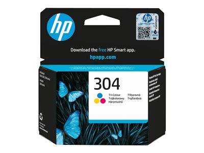 HP 304 Dreifarbige Tintenpatrone mit Schmetterlings-Design in Blau, HP-Logo und QR-Code oben rechts. Text: 'Laden Sie die kostenlose HP Smart App herunter.