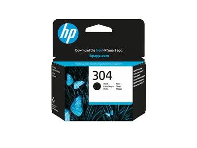 HP Tintenpatrone 304, schwarz. Blaue Schmetterlinge und Grasmuster. Markenlogo oben, Recycling-Symbol an der Seite.