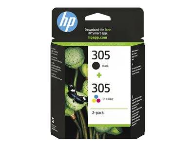HP 305 schwarze und dreifarbige Tintenpatrone 2er-Pack' Verpackung, mit Recycling-Symbol und App-Download-Link.