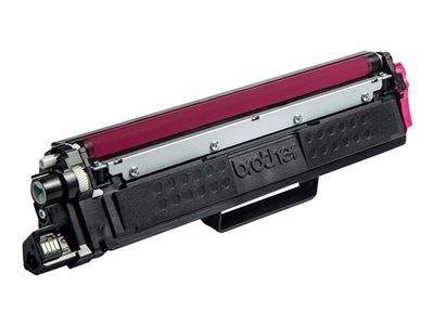 Eine schwarze und magenta Druckertoner-Kartusche mit 'Brother' Logo, entwickelt für die Verwendung in einem Laserdrucker, auf ihrer Seite liegend.