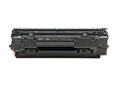 Eine schwarze HP 36A Laserjet-Tonerkartusche zur Verwendung beim Drucken, die ihre rechteckige Form und das Etikett auf der Vorderseite zeigt.