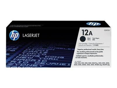 Eine 'HP LaserJet 12A' schwarze Tonerkartuschenschachtel mit Produktdetails in mehreren Sprachen und einem blauen HP-Logo auf schwarzem Hintergrund.