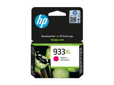 HP 933XL Magenta-Tintenpatrone Verpackung; mit HP-Logo, Magenta-Tintenkennzeichnung und 'Laden Sie die kostenlose HP Smart App herunter' Text.