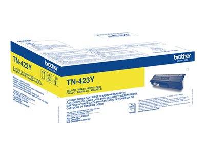 Eine Schachtel mit Brother TN-423Y gelber Tonerpatrone, kompatibel mit bestimmten Brother-Druckern, in weißer und gelber Verpackung.